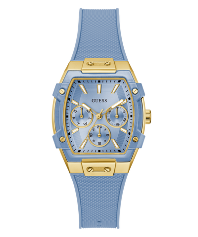 Guess watch with blue strap and gold accents on a white background GW0945L3