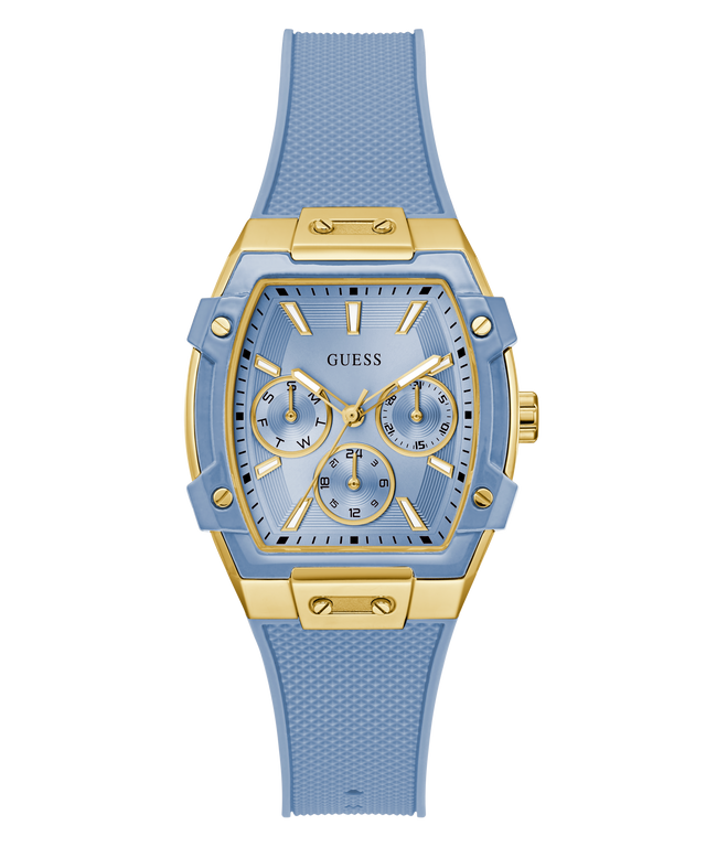 Guess watch with blue strap and gold accents on a white background GW0945L3