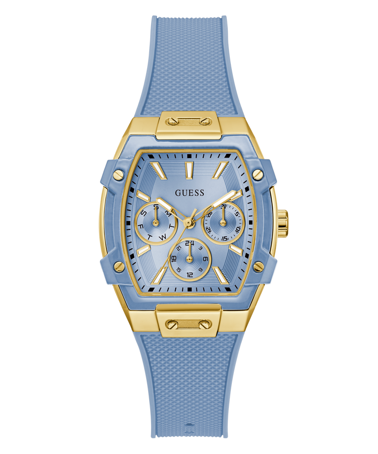 Guess watch with blue strap and gold accents on a white background GW0945L3