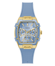 Guess watch with blue strap and gold accents on a white background GW0945L3