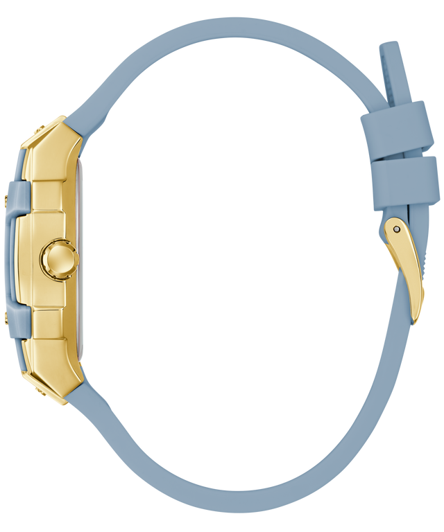 GW0945L3 with gold case and light blue strap on a white background