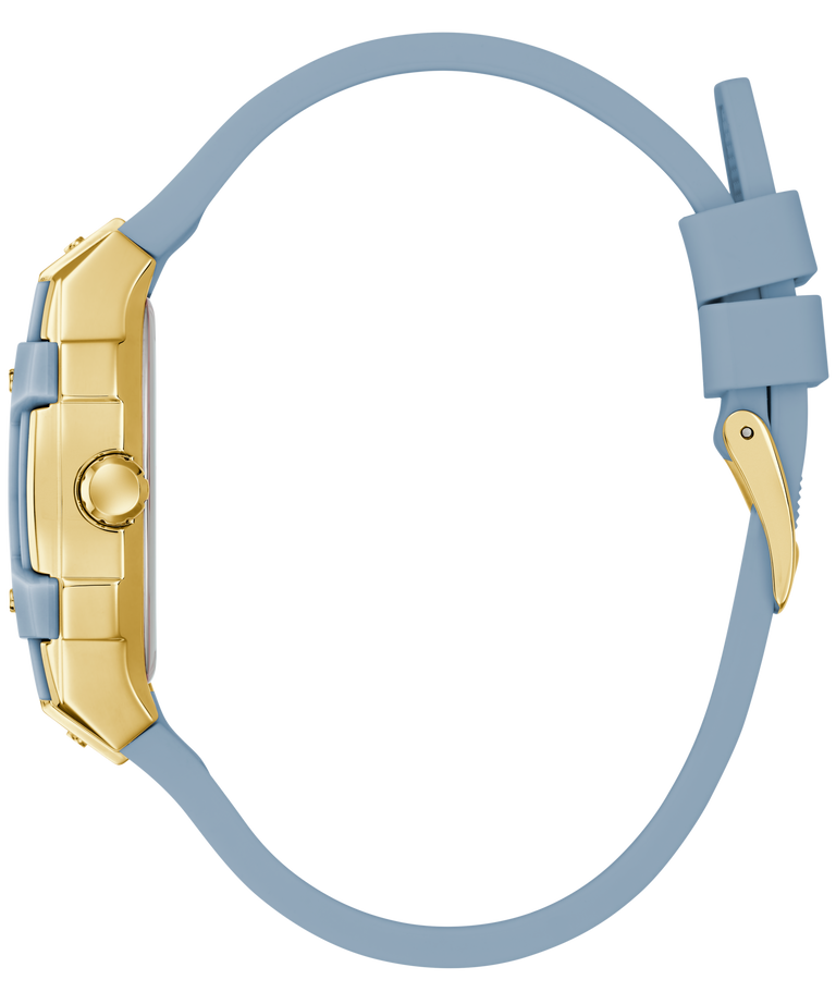 GW0945L3 with gold case and light blue strap on a white background