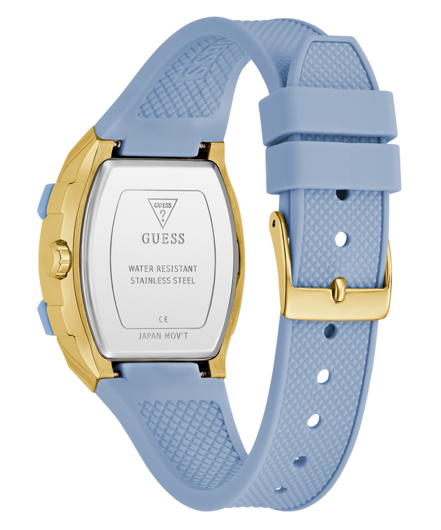 Caseback of Guess watch with blue strap and gold accents on a white background