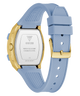 Caseback of Guess watch with blue strap and gold accents on a white background