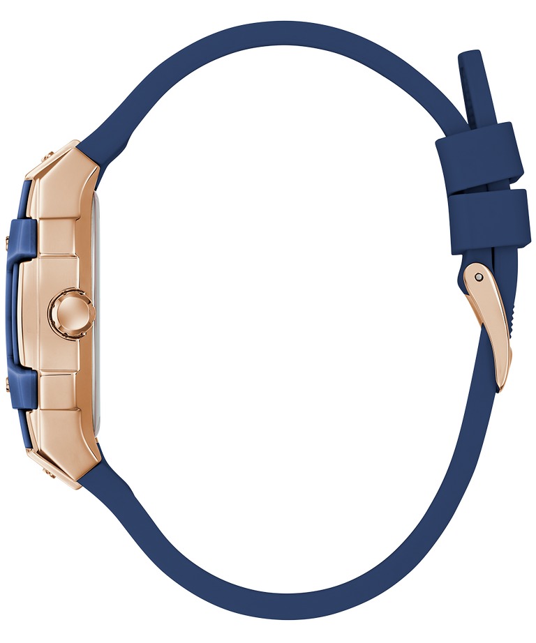 side view Blue watch strap with gold clasp on a white background GW0945L4