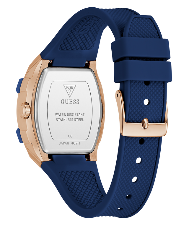 Guess watch with blue strap and rose gold caseback  on white background GW0945L4