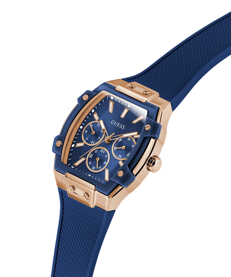 Blue watch with rose gold accents on a white background GW0945L4 lifestyle