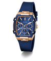 Blue and rose gold watch with Guess logo on a white background GW0945L4