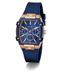 Blue and rose gold watch with Guess logo on a white background GW0945L4