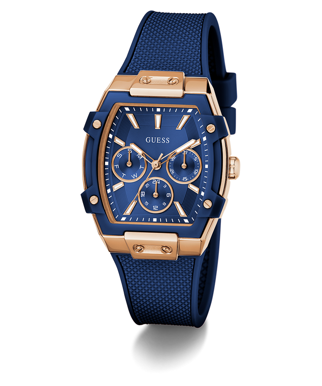 Blue and rose gold watch with Guess logo on a white background GW0945L4