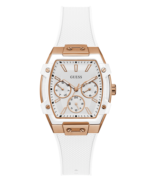 Guess watch with rose gold case and white strap on a white background