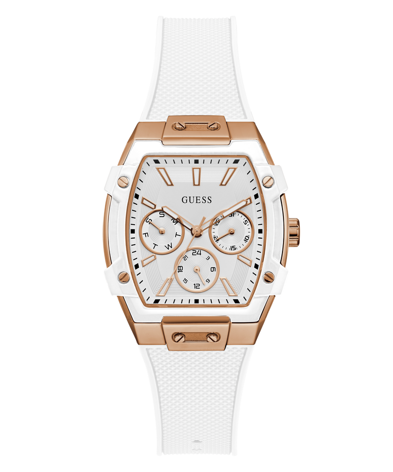 Guess watch with rose gold case and white strap on a white background