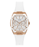 Guess watch with rose gold case and white strap on a white background