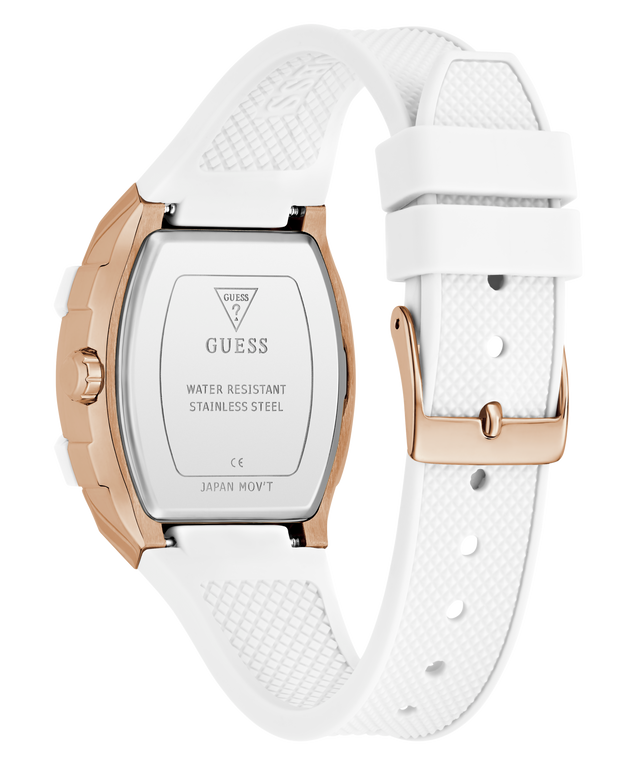 Guess watch with white strap and rose gold accents on a white background
