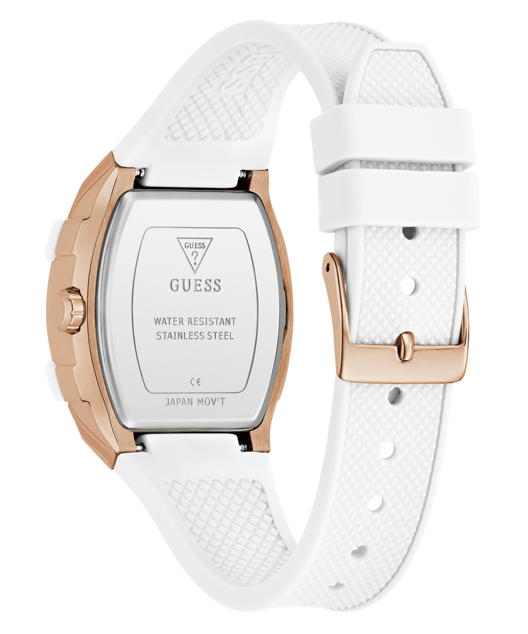 Guess watch with white strap and rose gold accents on a white background