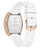 Guess watch with white strap and rose gold accents on a white background