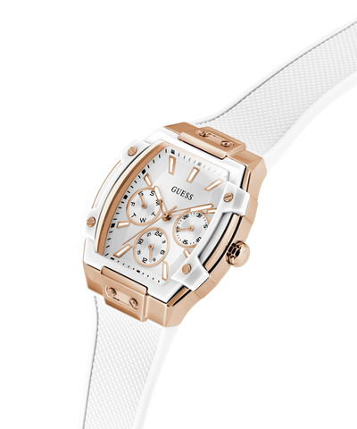Guess watch with rose gold case and white mesh band on a white background lifestyle