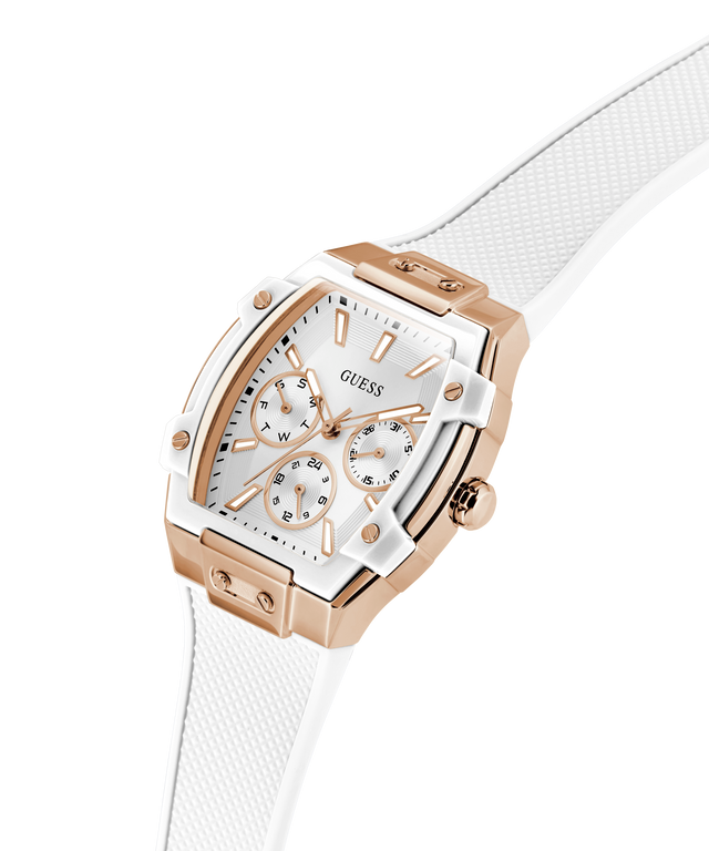 Guess watch with rose gold case and white mesh band on a white background lifestyle