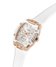 Guess watch with rose gold case and white mesh band on a white background lifestyle