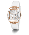 GUESS Ladies White Rose Gold Tone Analog Watch with rose gold accents on a white background