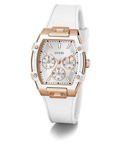 GUESS Ladies White Rose Gold Tone Analog Watch with rose gold accents on a white background