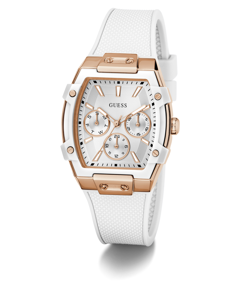 GUESS Ladies White Rose Gold Tone Analog Watch with rose gold accents on a white background
