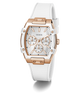 GUESS Ladies White Rose Gold Tone Analog Watch with rose gold accents on a white background