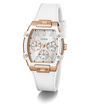 GUESS Ladies White Rose Gold Tone Analog Watch with rose gold accents on a white background