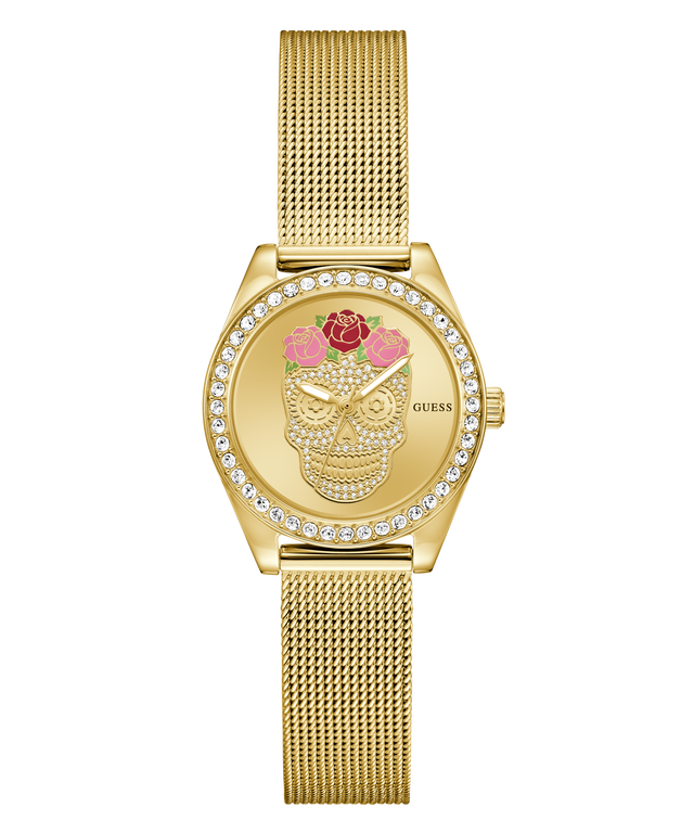 Limited Edition Day Of The Dead watch with skull and floral design on a white background