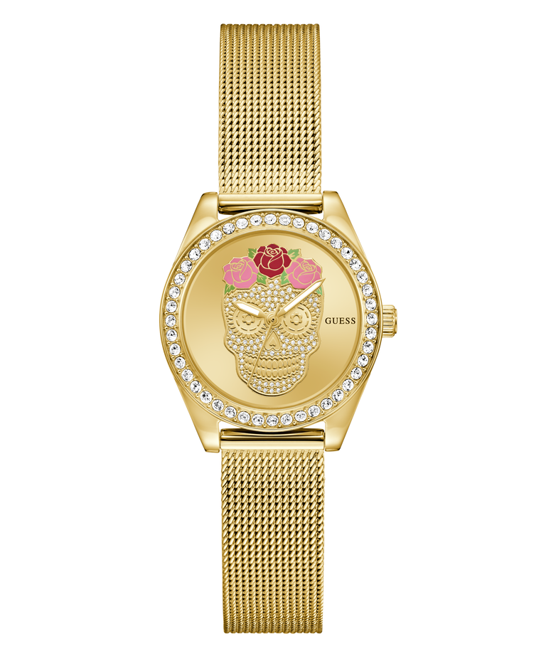 Limited Edition Day Of The Dead watch with skull and floral design on a white background