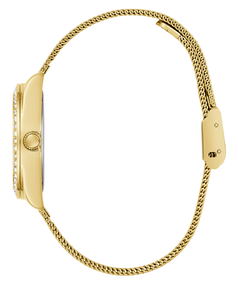 side of Limited Edition Day Of The Dead Gold watch with chain strap on a white background