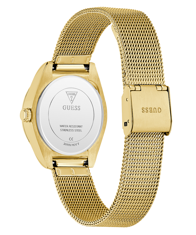 caseback of Limited Edition Day Of The Dead Gold watch with mesh band on a white background