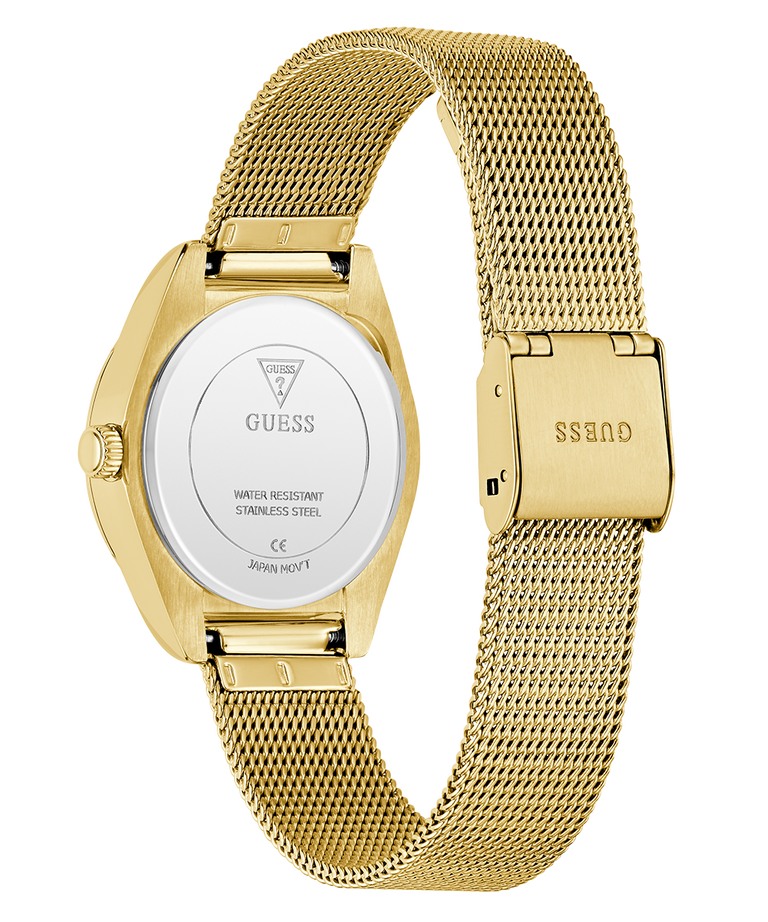 caseback of Limited Edition Day Of The Dead Gold watch with mesh band on a white background