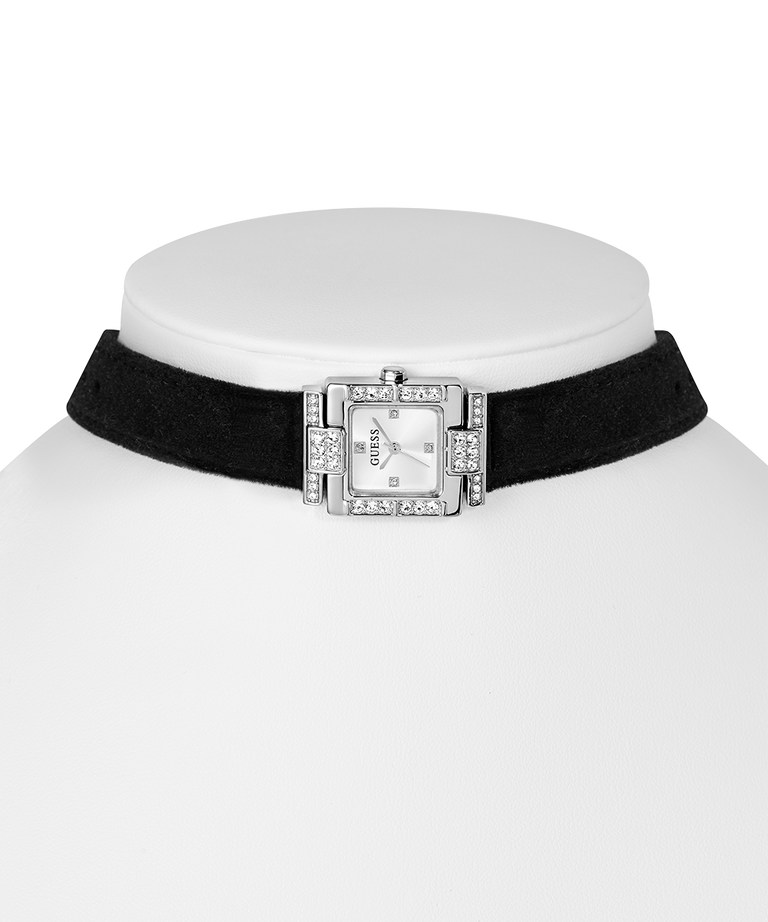 Black choker with a silver square pendant on a white background lifestyle