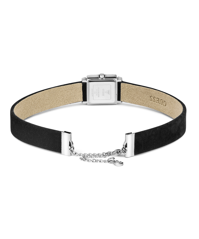 Black and beige choker necklace with silver clasp on a white background