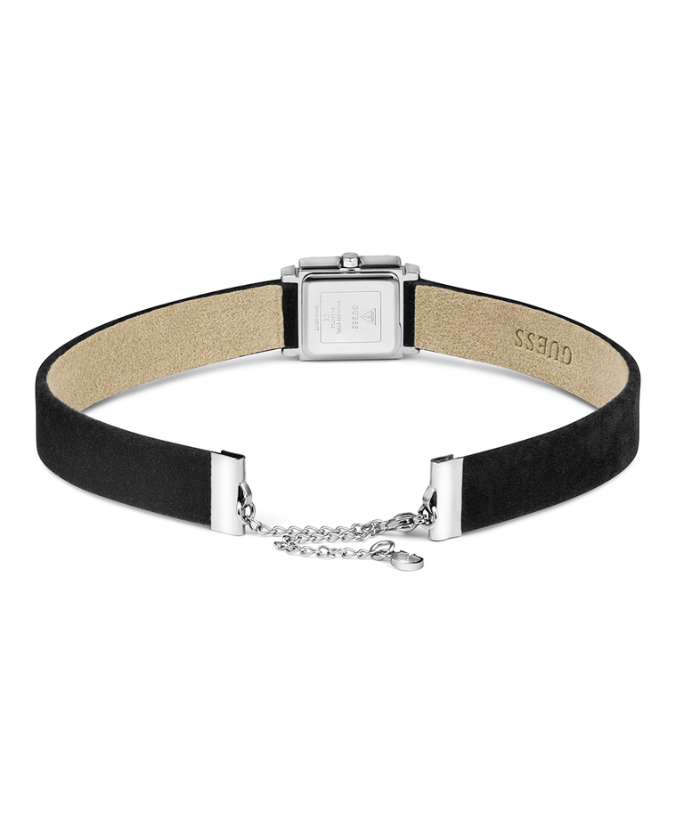 Black and beige choker necklace with silver clasp on a white background