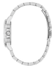 GUESS Ladies Silver Tone Analog Watch with a detailed metal band on a white background