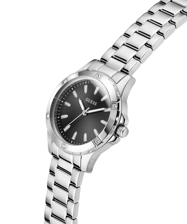 Silver watch with black dial on a white background lifestyle