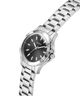 Silver watch with black dial on a white background lifestyle