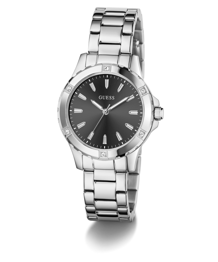GUESS Ladies Silver Tone Analog Watch with black dial on a white background
