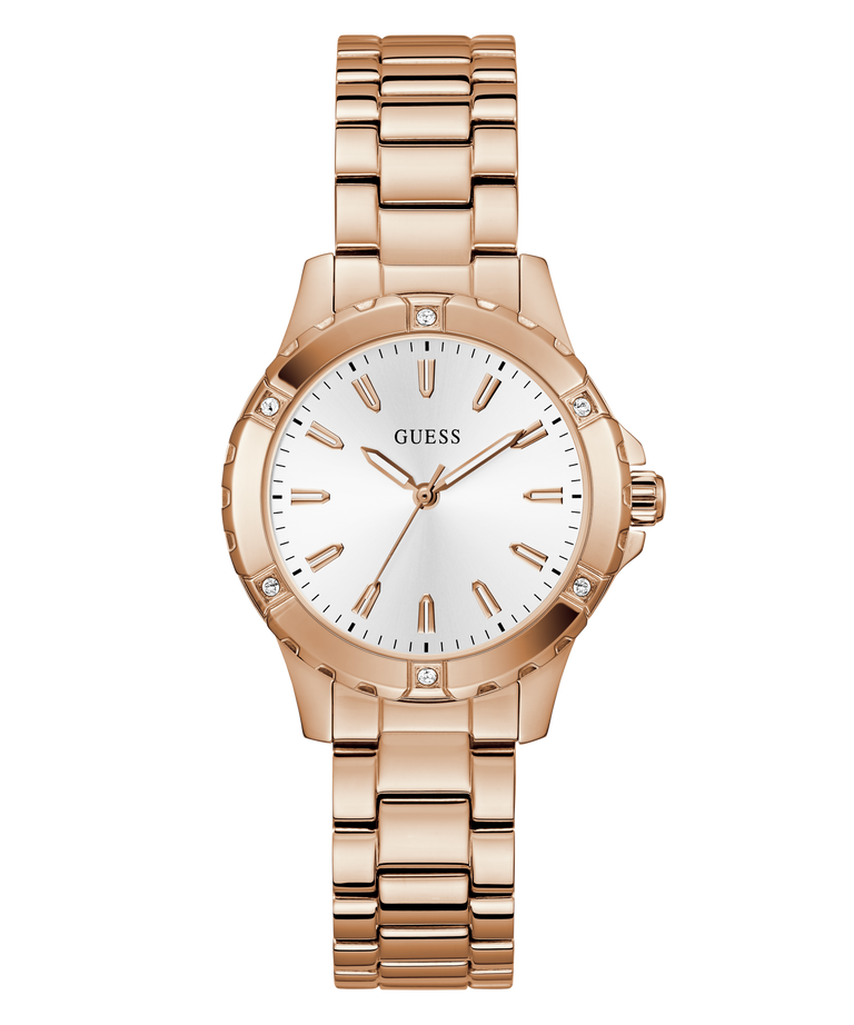 GUESS Ladies Rose Gold Tone Analog Watch with a white face on a white background