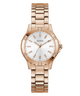 GUESS Ladies Rose Gold Tone Analog Watch with a white face on a white background
