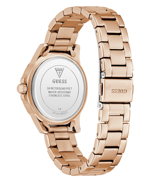 GUESS Ladies Rose Gold Tone Analog Watch with a visible brand logo on a white background