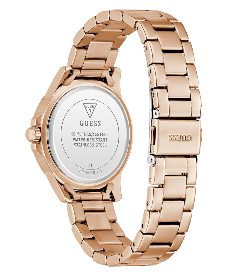 GUESS Ladies Rose Gold Tone Analog Watch with a visible brand logo on a white background