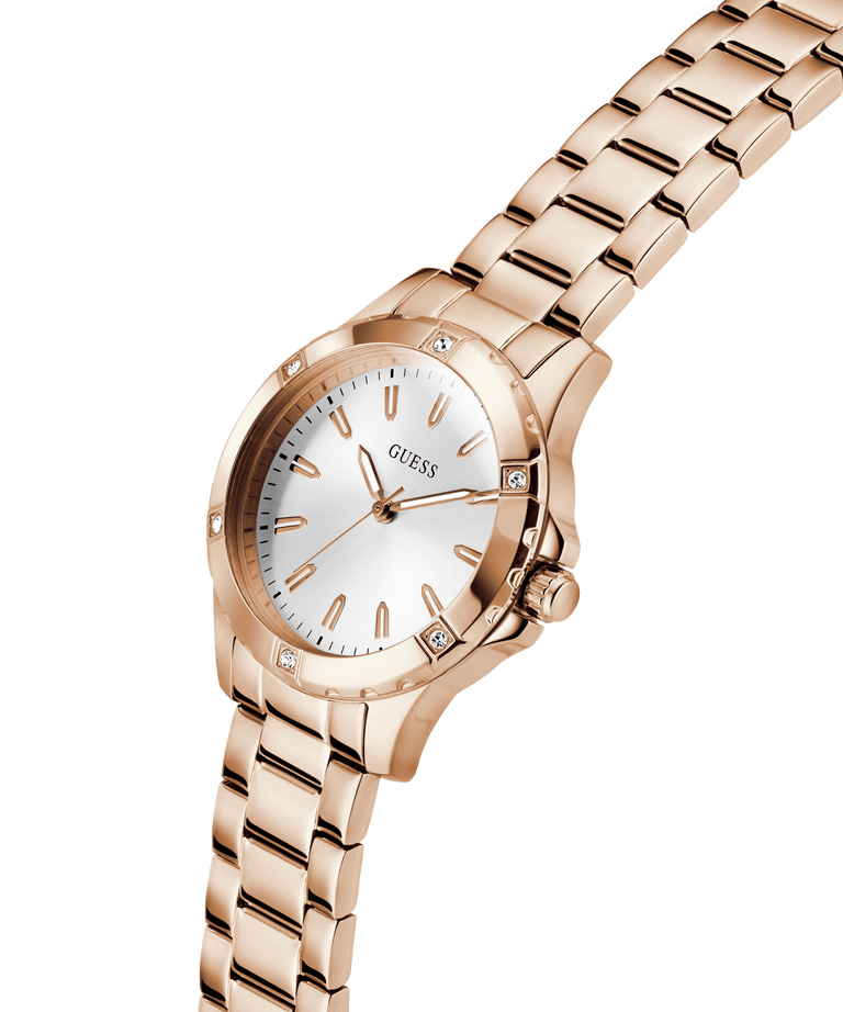 Gold watch with a white face on a white background lifestyle