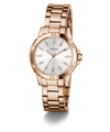 GUESS Ladies Rose Gold Tone Analog Watch with a white face on a white background