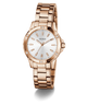 GUESS Ladies Rose Gold Tone Analog Watch with a white face on a white background