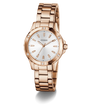 GUESS Ladies Rose Gold Tone Analog Watch with a white face on a white background