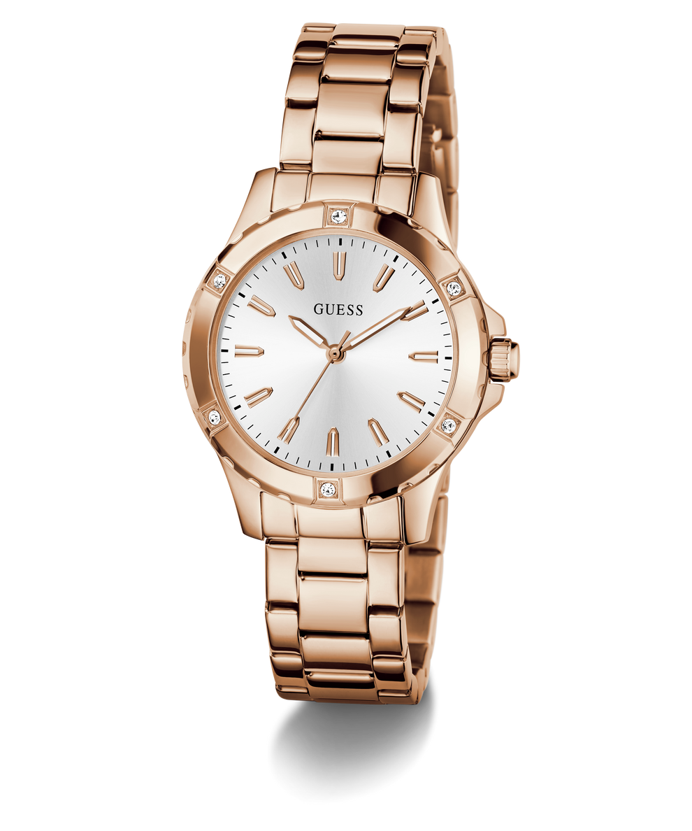 GUESS Ladies Rose Gold Tone Analog Watch with a white face on a white background