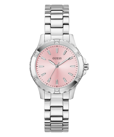 Silver watch with a pink face on a white background